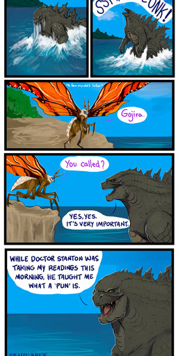 dialogue duo insect_wings open_mouth sea sharp_teeth speech_bubble teeth text water wings kaiju-krew godzilla_(series) monsterverse mothra_(series) toho godzilla mothra arthropod insect kaiju lepidopteran moth 2021 absurd_res comic digital_media_(artwork) english_text hi_res translated