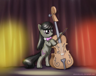 black_hair bow_(feature) bow_(stringed_instrument) bow_tie bowed_string_instrument cello curtains cutie_mark female feral hair lights looking_at_viewer musical_instrument performing playing_music purple_eyes quadruped simple_background smile solo string_instrument tail alexmakovsky friendship_is_magic hasbro my_little_pony octavia_(mlp) earth_pony equid equine horse mammal pony 2012 5:4