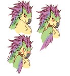 arm_feathers beak blush claws eyes_closed feathers female feral green_body green_feathers head_feathers purple_body purple_feathers shaking simple_background solo tan_body tan_feathers white_background yellow_eyes showfran capcom monster_hunter scalie seikret headshot_portrait hi_res portrait