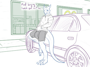 anthro balls big_balls big_bulge big_penis bulge car clothed clothing detailed_bulge eatery genitals hoodie huge_balls huge_bulge huge_penis looking_at_viewer male paws penis pubes revealing_outfit seductive skimpy solo talking_to_viewer teasing tight_bulges tight_clothing tight_underwear topwear underwear vehicle conditional_dnp samagthrav2 bandai_namco digimon mcdonald's ceasar_(samagthrav2) digimon_(species) flamedramon hi_res