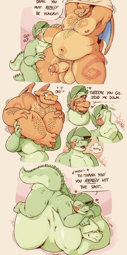 abdominal_bulge ambiguous_gender anthro belly big_belly bodily_fluids body_hair butt_first clothing dialogue duo emanata facial_hair genital_fluids genitals heart_symbol horn huge_belly humanoid_genitalia humanoid_penis leaking_precum male navel nipples nude obese obese_male onomatopoeia oral_vore overweight overweight_male penis precum rumbling_stomach shirt size_difference smaller_pred sound_effects tail tank_top text topwear vore wings eyeseedee nintendo pokemon chad_(eyeseedee) chris_(eyeseedee) alligator alligatorid charizard crocodilian generation_1_pokemon pokemon_(species) reptile scalie absurd_res colored comic english_text hi_res