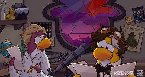 anthro black_bow_tie blonde_hair bow_tie brown_hair clothing cloud collared_shirt duo eyewear eyewear_on_head globe goggles goggles_on_head hair holding_object holding_paper holding_pencil inside male paper pencil_(object) purple_body purple_skin purple_sky rubber_duck shirt short_hair sky telescope text topwear white_clothing white_shirt white_topwear window yellow_body yellow_skin heybakarena club_penguin avian bird penguin english_text hi_res