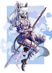 anthro armor biped blue_eyes clothed clothing hair holding_object holding_weapon long_hair melee_weapon solo weapon white_hair cerbera mammal 2021 absurd_res hi_res