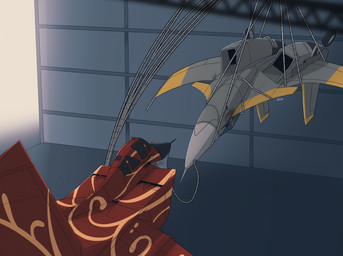 bdsm black_nose bondage bound duo female feral grey_body grey_fin grey_nose hanging_upside_down machine male male/female red_body smile stripes suspension upside_down yellow_stripes dolphinproject dire_machine living_machine 2026 hi_res