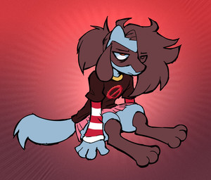 4_fingers anthro black_body black_fur black_hair black_nose blue_body blue_fur blue_tail bottomwear clothing eye_through_hair facial_markings femboy fingers fluffy fluffy_hair fur hair hair_over_eye head_markings leg_markings long_sleeve_shirt looking_at_viewer male markings mask_(marking) null_symbol pattern_clothing pattern_shirt pattern_topwear pink_bottomwear pink_clothing pink_skirt red_background shirt simple_background sitting skirt socks_(marking) solo striped_clothing striped_shirt striped_topwear stripes symbol_on_topwear t-shirt tail topwear translucent translucent_hair somesacredbird nintendo pokemon fan_character riolu_(somesacredbird) generation_4_pokemon pokemon_(species) riolu 2026 digital_drawing_(artwork) digital_media_(artwork) english_description