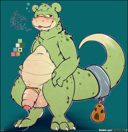 accessory balls blush bodily_fluids cock_ring cuff_(restraint) cuffs_(clothing) digit_ring dripping feet flaccid foreskin fur genital_fluids genitals glans green_body green_fur humanoid_genitalia humanoid_penis jewelry leaking_precum looking_at_viewer male penis penis_accessory penis_jewelry precum precum_drip precum_on_penis precum_string restraints ring ring_on_finger simple_background slightly_chubby solo standing tail tail_cuff toe_ring toes tongue tongue_out asbiearts conditional_dnp nintendo pokemon fan_character generation_1_pokemon pokemon_(species) slowbro 2026 absurd_res digital_drawing_(artwork) digital_media_(artwork) hi_res