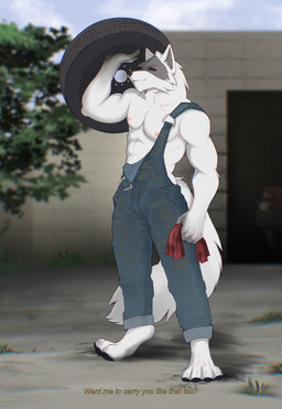 abs anthro areola clothing dialogue digitigrade dirty dirty_clothing feet fingers fur holding_object holding_tire male mechanic muscular muscular_anthro muscular_male nipples overalls overalls_down overalls_only pecs red_eyes smile solo tail talking_to_viewer text tire toes vehicle beozar dreamworks puss_in_boots_(franchise) death_(puss_in_boots) canid canine canis mammal wolf digital_media_(artwork) english_text hi_res