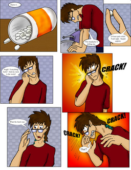 biped detailed_background dialogue eyes_closed eyewear forced forced_transformation glasses green_body green_scales headache inside male medicine mid_transformation neck_expansion onomatopoeia pain scales solo sound_effects species_transformation speech_bubble text transformation wearing_glasses ichikowindgryphon human mammal scalie 2010 absurd_res comic english_text hi_res