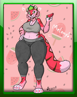 anthro big_breasts breasts brown_body brown_fur eating female fingers food fruit fur green_eyes green_hair hair head_tuft mature_female melon pink_body pink_fur plant red_body red_fur slightly_chubby solo striped_body striped_fur stripes thick_thighs tuft aroradraws melony_(aroradraws) felid feline mammal pantherine tiger 2024 absurd_res digital_media_(artwork) hi_res