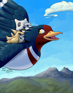 avian_feet beak blue_body clothing feathered_crest feathered_wings feathers feet female feral flying hat head_crest headgear headwear markings red_markings riding_on_back tail toes white_body white_markings wings yellow_eyes cap'n gyrotech nintendo pokemon mistral_(gyro) avian bird cubone generation_1_pokemon generation_3_pokemon pokemon_(species) swellow absurd_res hi_res
