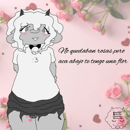 :3 bell bell_collar blush bottomwear bulge clothing collar eyeliner femboy flirting flirting_with_viewer flower fur grey_body grey_fur hair hands_behind_back heart_clothing heart_symbol heart_underwear holidays horn makeup male plant rose_(flower) skirt solo text underwear white_hair mun-shipu valentine's_day bovid caprine mammal sheep hi_res spanish_text translated