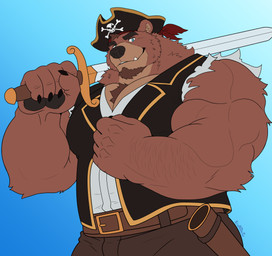 anthro barazoku bear_ears beard belt biceps big_hands big_muscles biped black_nose bottomwear brown_body brown_fur claws clothed clothing eyebrows facial_hair fangs fur goatee hair hairy hat headgear headwear holding_object holding_weapon huge_muscles kerchief looking_at_viewer male melee_weapon muscular muscular_anthro muscular_male pants pawpads pecs pirate pirate_hat pose scabbard simple_background smile solo standing sword teeth topwear torn_sleeves weapon xyandrith bear mammal absurd_res hi_res