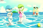 3_fingers ball beach beach_ball bikini blue_hair breasts brown_hair clothing cloud detailed_background female fingers green_hair group hair inflatable male medium_breasts navel not_furry nudging one_eye_closed open_mouth orange_eyes playing red_eyes sea seaside sky splash swimming_trunks swimwear two-piece_swimsuit water baterco nintendo pokemon ailin_gardevoir baterco_(baterco) lucinda_(baterco) gardevoir generation_3_pokemon human humanoid mammal pokemon_(species) shiny_pokemon 2019 hi_res signature