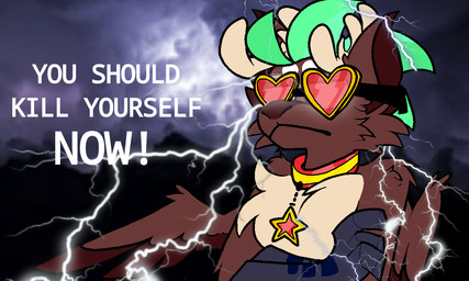 anthro antlers brown_body clothing collar crossed_arms electricity eyewear glasses green_hair hair heart_clothing heart_symbol horn lightning photo_background shitpost solo star text wings racc_on_the_net low_tier_god lucky_prize_(racc_on_the_net) peryton 5:3 english_text meme photography_(artwork)