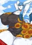 absurd_res anthro ashi_foot big_breasts blue_body blue_sky breasts choker cleavage clothed clothing cloud curvy_figure dress eeveelution eyewear female flower generation_4_pokemon glaceon glasses hands_behind_head hi_res huge_breasts huge_hips huge_thighs hyper hyper_thighs jewelry necklace nintendo nipple_outline plant pokemon pokemon_(species) sky smile solo sunflower tail thick_thighs three-quarter_view wide_hips