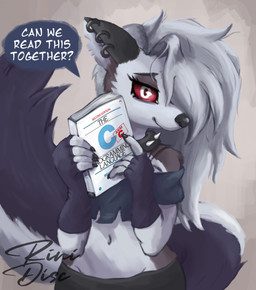 alternative_fashion anthro asking asking_viewer blue_clothing blue_shirt blue_topwear book bottomwear brown_eyes clothed clothing collar crop_top dialogue ear_piercing ear_ring eyebrows eyelashes female female_anthro fingerless_gloves fur gloves goth grey_body grey_bottomwear grey_clothing grey_fur hair hair_over_eye half-closed_eyes handwear holding_book holding_object inner_ear_fluff long_hair looking_at_viewer midriff narrowed_eyes navel off_shoulder one_eye_obstructed piercing programming programming_language red_eyes red_sclera ring_piercing shirt simple_background smile solo speech_bubble spiked_collar spikes tail tail_tuft talking_to_viewer tan_background text topwear torn_clothing tuft two_tone_tail white_body white_fur white_hair wide_hips rinidisc c_(programming_language) hellaverse helluva_boss mythology the_c_programming_language_(book) loona_(helluva_boss) canid canid_demon canine demon hellhound mammal mythological_canine mythological_creature 2023 absurd_res digital_media_(artwork) digital_painting_(artwork) english_text half-length_portrait hi_res painting_(artwork) portrait signature