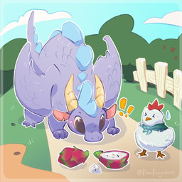 2_horns ambiguous_gender blush brown_eyes day dragon_fruit duo feral food fruit horn kerchief looking_at_food looking_at_object neckerchief neckwear outside plant purple_body size_difference snout tree wings floofwyvern mythology steam_sale_chicken steam_sale_dragon avian bird chicken dragon galliform mythological_creature mythological_scalie phasianid scalie 1:1 hi_res