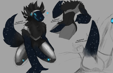 armor astrophel_(lewdaesthetics) balls bent_legs black_body black_fur blue_eyes blue_glow erection fluffy fluffy_chest fluffy_tail fur genitals hip_tuft lying machine male metallic_body mischievous_smile multi_ear neck_tuft on_back penis presenting presenting_penis screen screen_face smile sneaky solo star star_body starry_body tail tuft lewdaesthetics protogen hi_res