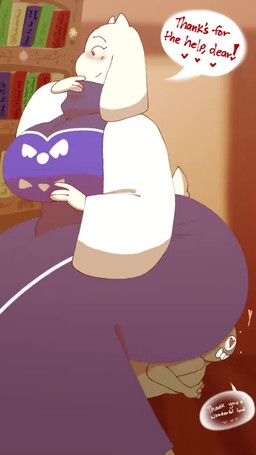 ambiguous_gender anthro big_breasts big_butt book bookshelf breasts butt clothing duo exclamation_point female floppy_ears furniture grey_body heart_eyes heart_symbol horn huge_breasts huge_butt sitting sitting_on_another smile speech_bubble text white_body mochimelted undertale undertale_(series) toriel boss_monster_(undertale) bovid caprine goat human mammal animated english_text loop no_sound short_playtime video
