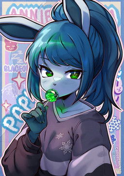 5_fingers anthro anthrofied biped blue_body blue_fur blue_hair breasts candy claws clothing dessert female finger_claws fingers food fur green_eyes hair holding_candy holding_food holding_lollipop holding_object lollipop pokemorph solo topwear coffeechicken nintendo pokemon eeveelution generation_4_pokemon glaceon pokemon_(species) 2025 digital_drawing_(artwork) digital_media_(artwork)