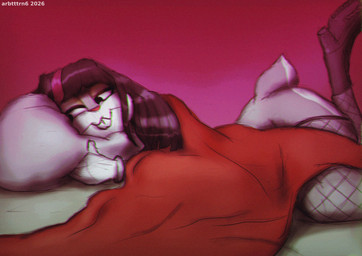 alternative_fashion anthro bed black_hair boots clothing crossgender female fishnet_clothing fishnet_legwear footwear fur furniture goth grey_body grey_fur hair hug hugging_object hugging_pillow legwear on_bed pillow red_blanket shoes solo white_pillow arbtttrn6 looney_tunes warner_brothers bugs_bunny lagomorph leporid mammal rabbit 2026 hi_res sketch