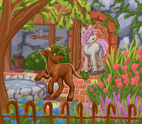ambiguous_gender blue_eyes blush brown_body brown_fur brown_hooves bucket container detailed_background door duo fence feral flower fur garden green_mane grey_body grey_fur grey_hooves grey_horn hooves horn jewelry mane necklace outside plant purple_mane purple_tail red_blush standing tail tail_tuft tree tuft unguligrade watering_can yellow_eyes capegloam hasbro my_little_pony mythology fan_character bovid bovine cattle equid equine horse hybrid mammal mythological_creature mythological_equine pony unicorn 2023 clip_studio_paint_(artwork) digital_media_(artwork) digital_painting_(artwork) hi_res painting_(artwork) shaded