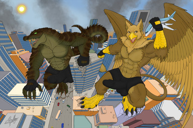 4_toes 5_fingers abs aircraft airplane anthro balls balls_outline beak biceps biped boxer_briefs building building_destruction bulge city city_background city_crushing city_destruction cityscape claws clothed clothing destruction detailed_bulge duo erection erection_under_briefs erection_under_clothing feathered_wings feathers feet finger_claws fingerless_gloves fingers genital_outline genitals gloves handwear house jet landscape_dwarfing macro macro_anthro macro_male male muscular muscular_anthro muscular_male nude open_mouth outside paws pecs penis penis_outline rampage sky smile stomping tail toe_claws toes underwear vehicle vehicle_destruction wings growingdragon mythology carnak_(carpo) carpo avian crocodile crocodilian gryphon mythological_avian mythological_creature reptile scalie 3:2 colored hi_res