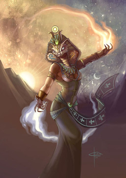 anthro biped breasts clothed clothing crescent_moon detailed_background dress egyptian egyptian_clothing female headdress headgear headwear jewelry kalasiris magic moon necklace non-mammal_breasts pectoral_(jewelry) realistic sky snake_hood solo standing sun usekh arlekina renenutet cobra deity reptile scalie snake detailed
