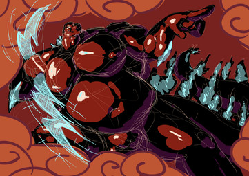 anthro belly big_belly bioluminescence black_body bulge cloud gesture glowing hand_gesture huge_belly huge_hips lightning_bolt male musclegut muscular nipples non-mammal_nipples pointing pointing_at_another pose solo wide_hips birdcatdeer godzilla_(series) toho zeuszilla godzilla kaiju absurd_res cel_shading hi_res pinup shaded sketch