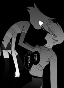 4_arms black_background clothed clothing dual_persona duo male multi_arm multi_limb simple_background speech_bubble text enaic31 hazbin_hotel hellaverse angel_dust arachnid arthropod demon human humanoid mammal spider absurd_res hi_res japanese_text monochrome translation_request