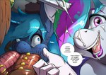 anthro bodily_fluids cum cum_in_hair cum_in_mouth cum_inside cum_on_face cum_on_horn cum_on_lip cum_on_lips dialogue double_fellatio double_oral fellatio genital_fluids genital_piercing genitals hair hair_over_eye horn lipstick lipstick_on_penis lipstick_ring livestream looking_at_viewer makeup open_mouth oral penile penis penis_piercing piercing sex speech_bubble wide_eyed wings zwitterkitsune friendship_is_magic hasbro my_little_pony mythology princess_celestia_(mlp) princess_luna_(mlp) bovid bovine equid equine horse mammal mythological_creature mythological_equine pony winged_unicorn yak sibling_(lore) sister_(lore) sisters_(lore)