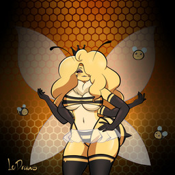 4_arms antennae_(anatomy) anthro arthropod_abdomen biped blonde_hair bottomwear breasts butt cleavage clothed clothing crown female fluffy hair hair_over_eye headgear miniskirt multi_arm multi_limb multicolored_body non-mammal_breasts one_eye_visible raised_leg simple_background skirt solo stinger thong translucent translucent_clothing two_tone_body underwear yellow_body ludraws98 arthropod bee hymenopteran insect 1:1 hi_res portrait three-quarter_portrait