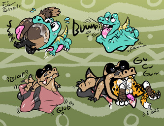 abdominal_bulge animal_genitalia animal_penis anthro anus backsack balls belly big_balls big_butt big_head bloated blue_body bodily_fluids brown_body brown_fur burping butt butt_in_mouth butt_lick curling_toes dripping erection feet feline_genitalia feline_penis female feral fur genital_fluids genitals group hungry licking licking_lips male mouth_shot onomatopoeia open_mouth pawpads paws penis precum precum_drip saliva size_difference smaller_pred sound_effects striped_body stripes struggling struggling_pred struggling_prey swallowing text tongue tongue_out vore vulva blizzate donkey_kong_(series) nintendo pokemon rona_the_raccoon scratch_the_wildcat crocodile crocodilian felid feline felis generation_5_pokemon klaptrap kremling mammal pokemon_(species) procyonid raccoon reptile sandile scalie wildcat