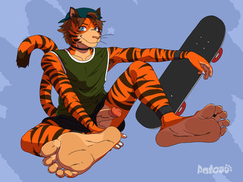 5_fingers 5_toes anthro armpit_hair backwards_baseball_cap backwards_hat balls barefoot baseball_cap black_bottomwear black_clothing black_shorts blue_eyes body_hair bottomwear brown_hair brown_stripes choker circumcised clock clothed clothing countershade_feet countershading digit_ring erection feet fingers foot_fetish foot_focus fur genitals glans green_clothing green_hat green_headwear green_shirt green_topwear hair hat headgear headwear holding_object humanoid_feet humanoid_genitalia humanoid_penis jewelry looking_at_viewer male male_anthro markings multicolored_body necklace orange_body orange_fur penis penis_poking_out plantigrade ring shirt shorts simple_background sitting skateboard smile soles solo striped_body striped_fur stripes tail tail_markings tan_body tan_genitals tan_penis tank_top toe_ring toes topwear vehicle watch whiskers patoso ryan_(sebafox) felid mammal pantherine tiger 4:3 digital_media_(artwork) hi_res signature