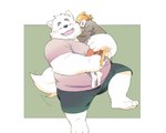 anthro belly big_belly blush bottomwear carrying_another clothing duo eyes_closed kemono male overweight overweight_male shirt shorts tail tail_motion tailwag topwear inunoshippo canid canine canis domestic_dog mammal 2022 5:4 hi_res