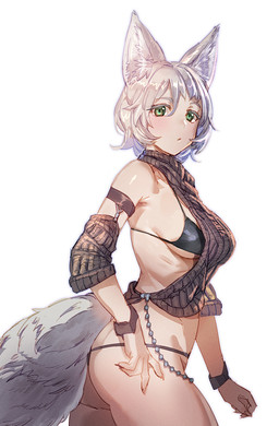 armwear bikini bikini_top breasts butt clothing detached_sleeves female green_eyes grey_hair hair short_hair sleeveless_sweater sleeveless_turtleneck solo sweater swimwear tail topwear turtleneck two-piece_swimsuit bow_(artist) animal_humanoid canid canid_humanoid canine canine_humanoid humanoid mammal mammal_humanoid wolf_humanoid 2021