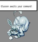 ambiguous_gender anthro ass_up biped black_nose black_text blue_body blue_tail butt exclamation_point grey_background lying on_front on_ground open_mouth shadow simple_background solo tail text text_box white_sclera sleepyspirit nintendo pokemon eeveelution generation_4_pokemon glaceon pokemon_(species) 2021 digital_media_(artwork) english_text hi_res