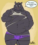 anthro black_body black_fur black_nose bulge clothing fur male overweight overweight_anthro overweight_male solo text underwear deadanthro mythology canid canine canis mammal mythological_canine mythological_creature werecanid werecanine werecreature werewolf wolf 2020 english_text