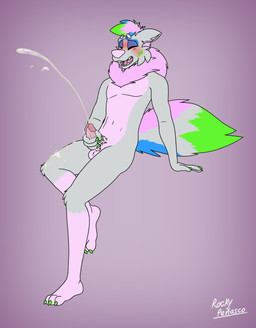 anthro balls blue_body blue_eyelids blue_fur blue_hair blush blush_lines bodily_fluids colored_nails cum cumshot ejaculation eyebrows fur genital_fluids genitals green_body green_fur green_hair green_nails grey_body grey_fur hair male masturbation nails open_mouth orgasm penis pink_body pink_eyebrows pink_fur pink_hair pink_legs pink_nose sitting small_balls solo poofbuttrocky rocky_(poofbuttrocky) canid canine canis demon mammal wolf hi_res