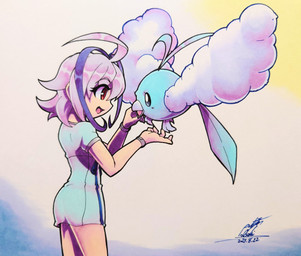 ambiguous_gender beak blue_body blush blush_lines clothing duo eye_contact eyelashes female feral hair looking_at_another open_mouth purple_hair red_eyes simple_background tongue young young_female young_human 025aki nintendo pokemon avian bird generation_3_pokemon human mammal pokemon_(species) swablu 2025 absurd_res character_request dated hi_res signature