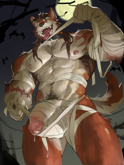 abs anthro areola armpit_hair barazoku biceps big_muscles big_penis bodily_fluids body_hair claws clothing collar costume dripping drooling eyebrows flaccid fur genital_fluids genitals glans hair happy_trail holidays humanoid_genitalia humanoid_penis kemono long_hair looking_at_viewer low-angle_view male mummy_wrappings muscular muscular_anthro muscular_male navel night nipples nude open_mouth outside pecs penis plant precum precum_drip presenting presenting_penis pubes saliva seductive solo standing teeth thick_penis tongue tongue_out tree tuft wraps arun_six halloween loui_luyu ambient_bat bat canid canine mammal 2024 absurd_res hi_res
