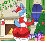 big_butt blue_hair box butt chimney christmas_clothing christmas_headwear christmas_lights christmas_tree clothing container fire gift_box hair headgear headwear holidays looking_at_viewer looking_back male night open_mouth plant purple_eyes snow solo tree white_body wide_hips wolfe_fubuki christmas nintendo pokemon shiro_(wolfe_fubuki) eeveelution generation_6_pokemon pokemon_(species) shiny_pokemon sylveon cel_shading hi_res shaded