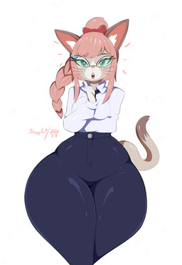 accessory anthro blue_eyes bottomwear bow_ribbon braided_hair braided_ponytail breasts cat_eye_glasses clothing collared_shirt denim denim_bottomwear denim_clothing dress_shirt eyelashes eyewear female glasses hair hair_accessory hair_bow hair_ribbon huge_hips huge_thighs jeans long_eyelashes open_mouth pants pink_hair ponytail ribbons shirt simple_background solo tail text thick_thighs topwear whiskers white_background white_dress_shirt wide_hips yellow_sclera amsleepyari capcom monster_hunter monster_hunter_stories_2:_wings_of_ruin tsukino_(monster_hunter_stories) felid felyne lynian mammal palico 2026 absurd_res artist_name dated hi_res