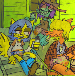 age_regression ageplay anthro backwards_hat band-aid bandage blonde_hair blue_hair bodily_fluids can cigarette clothed clothing container diaper ear_piercing electronics female flannel footwear freckles fur genital_fluids green_body green_fur group hair hair_over_eyes hat headgear headwear infantilism legwear orange_body orange_fur outside peeing phone piercing pull-ups_(diaper) purple_hair roleplay sharp_teeth shirt shoes socks stairs tank_top teeth thin_diaper topwear torn_clothing unclean_diaper urine used_diaper wearing_diaper wet wet_diaper wetting yellow_body yellow_fur cate_wurtz felid feline mammal unknown_species 2015