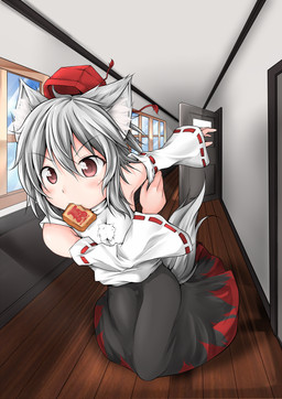 armwear asian_clothing blouse bread clothing detached_sleeves east_asian_clothing female food grey_hair hair hat headgear headwear japanese_clothing jelly_(food) miko_outfit mouth_hold red_eyes short_hair solo tokin_hat topwear ebi_senbei touhou momiji_inubashiri animal_humanoid canid canid_humanoid canine canine_humanoid canis dog_humanoid domestic_dog humanoid mammal mammal_humanoid hi_res