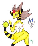 accessory after_transformation alternate_species anthro aroused aroused_face aroused_smile big_breasts black_body black_fur blue_eyes blush breasts brown_hair electricity emblem enjoying erect_nipples eyelashes female fur gem gym_leader hair hair_accessory hairclip legs_together long_hair long_neck long_tail looking_at_tail looking_down lust_transformation mitten_hands nipples nude simple_background sitting smile snout solo species_transformation tail transformation transformation_through_magic white_background white_body white_fur yellow_body yellow_fur ivanks nintendo pokemon jasmine_(pokemon) ampharos bovid caprine generation_2_pokemon legendary_pokemon lugia mammal pokemon_(species)