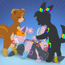 animal_genitalia animal_penis animal_vulva anus balls belly blue_eyes bodily_fluids brown_body brown_fur canine_genitalia canine_penis canine_vulva cape clothing collar colored_cum cum cum_in_mouth cum_in_tail cum_in_vagina cum_inside dark_body dark_fur digit_ring doggystyle eyewear fellatio female feral foursome from_behind_position fur genital_fluids genitals glasses group group_sex impregnation jewelry knot lying male male/female multicolored_penis multiple_ova neck_tuft on_back oral ovum penile penis penis_in_mouth penis_on_tail pink_body pink_fur rainbow_cum rainbow_penis ring sex tan_belly tuft unusual_bodily_fluids unusual_cum unusual_genital_fluids vaginal vulva jm-luxro nintendo pokemon arian_the_dalmatian lipe_(character) luxro rgbre veo_(st3veo) eeveelution espeon generation_2_pokemon hybrid lewxen pokemon_(species) umbreon 1:1 absurd_res hi_res