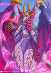 5_fingers anthro areola blurred_background breasts exposure_variation female fingers front_view genitals horn membrane_(anatomy) membranous_wings nipples non-mammal_breasts nude outside pussy solo tail text wings alanscampos capcom monster_hunter elder_dragon malzeno 2023 digital_media_(artwork) hi_res url