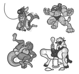 4_toes 5_fingers anal anal_masturbation anthro autofellatio balls biped bodily_fluids breasts claws collar condom cum cumshot dildo dildo_sitting ejaculation erection feet female filled_condom fingers genital_fluids genitals glans gynomorph hands-free hooves horn humanoid_genitalia humanoid_penis intersex leash leashed_collar machine male masturbation muscular muscular_anthro muscular_female nipples oral oral_masturbation paws penetration penile penile_masturbation penis sex_toy sexual_barrier_device tail tail_motion tailwag toes wearing_condom freckles_(artist) bovid caprine mammal protogen scalie sheep monochrome