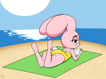 anthro beach book butt clothing detailed_background eyelashes female half-closed_eyes looking_at_viewer looking_back lying narrowed_eyes on_front outside sand sea seaside sky solo sun swimwear thick_thighs water young young_anthro inversecalamity cartoon_network the_amazing_world_of_gumball anais_watterson lagomorph leporid mammal rabbit